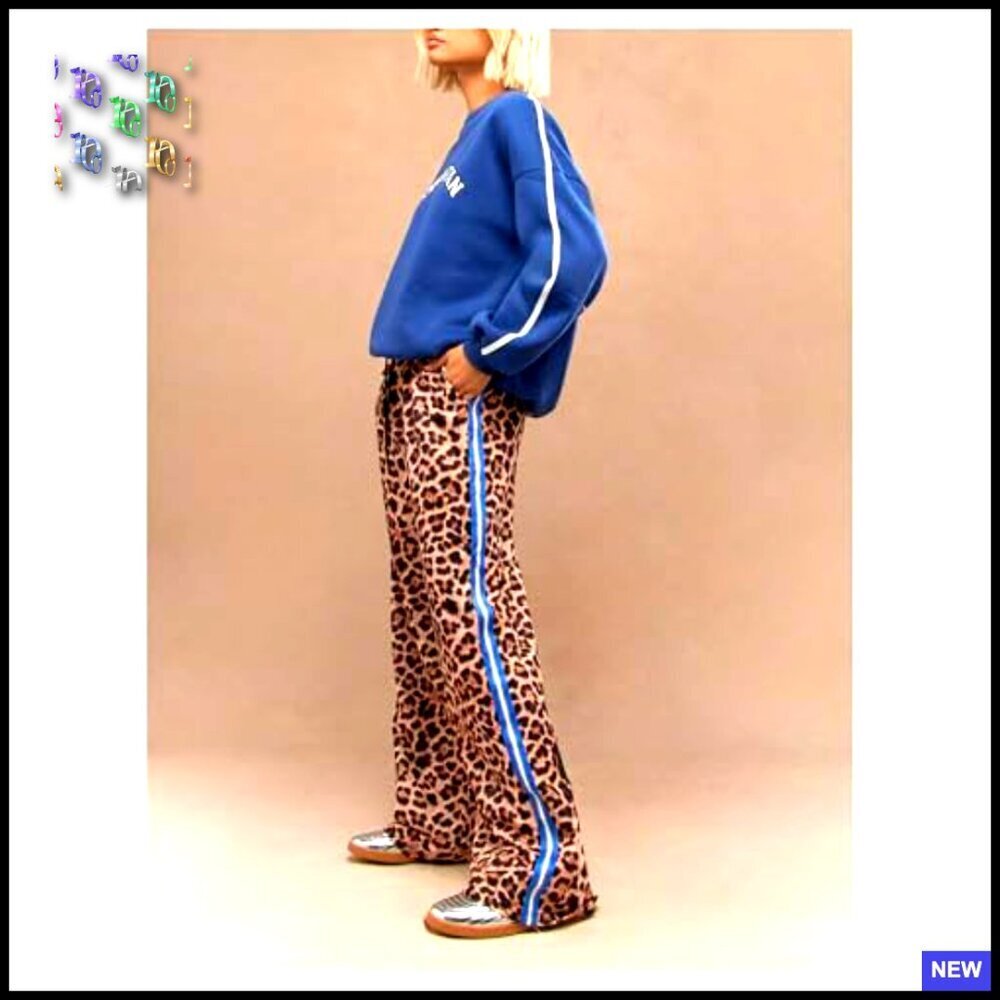 Y2K Leopard Print Wide Leg Pants Elastic Waist High Rise Trousers Casual - Picture 3 of 4